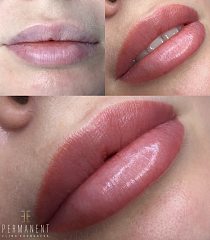 Перманентный макияж губ до и сразу после процедуры в технике 